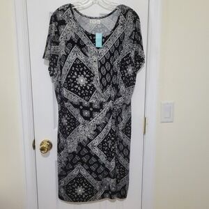 Maurices 24/7 Dress XL Black White Bandana Paisley Faux Wrap Knot Front NWT
